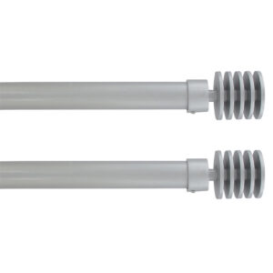 Adjustable matte grey curtain rods with layered disc finials from the 2 pack shown on white