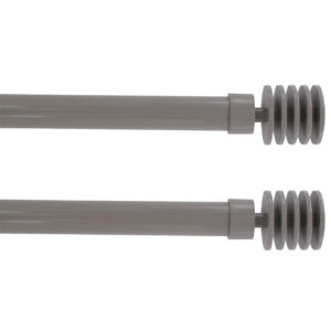 Adjustable taupe curtain rods with layered disc finials from the 2 pack shown on white