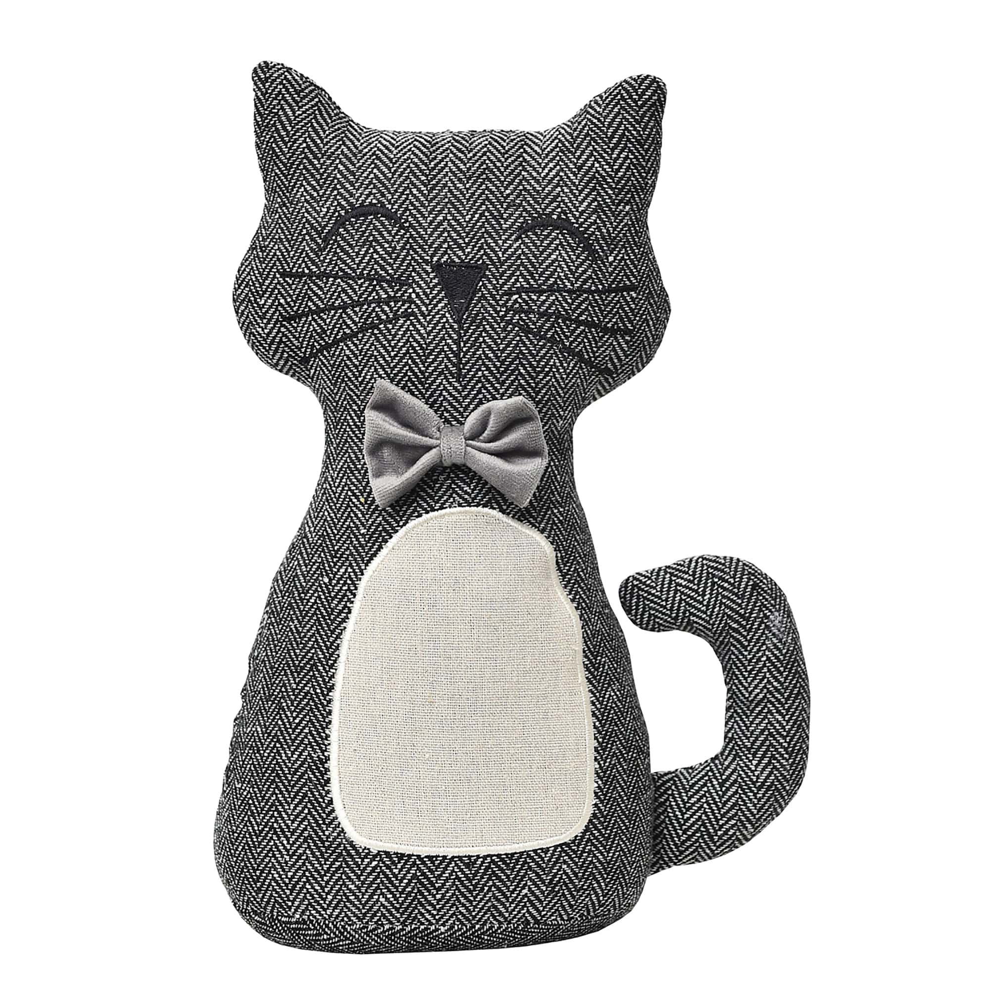 Charcoal weighted cat door stopper, black and white herringbone tweed, sitting cat shape with embroidered closed eyes, whiskers, and nose, cream belly panel, gray velvet bow tie, curled tail. White background.