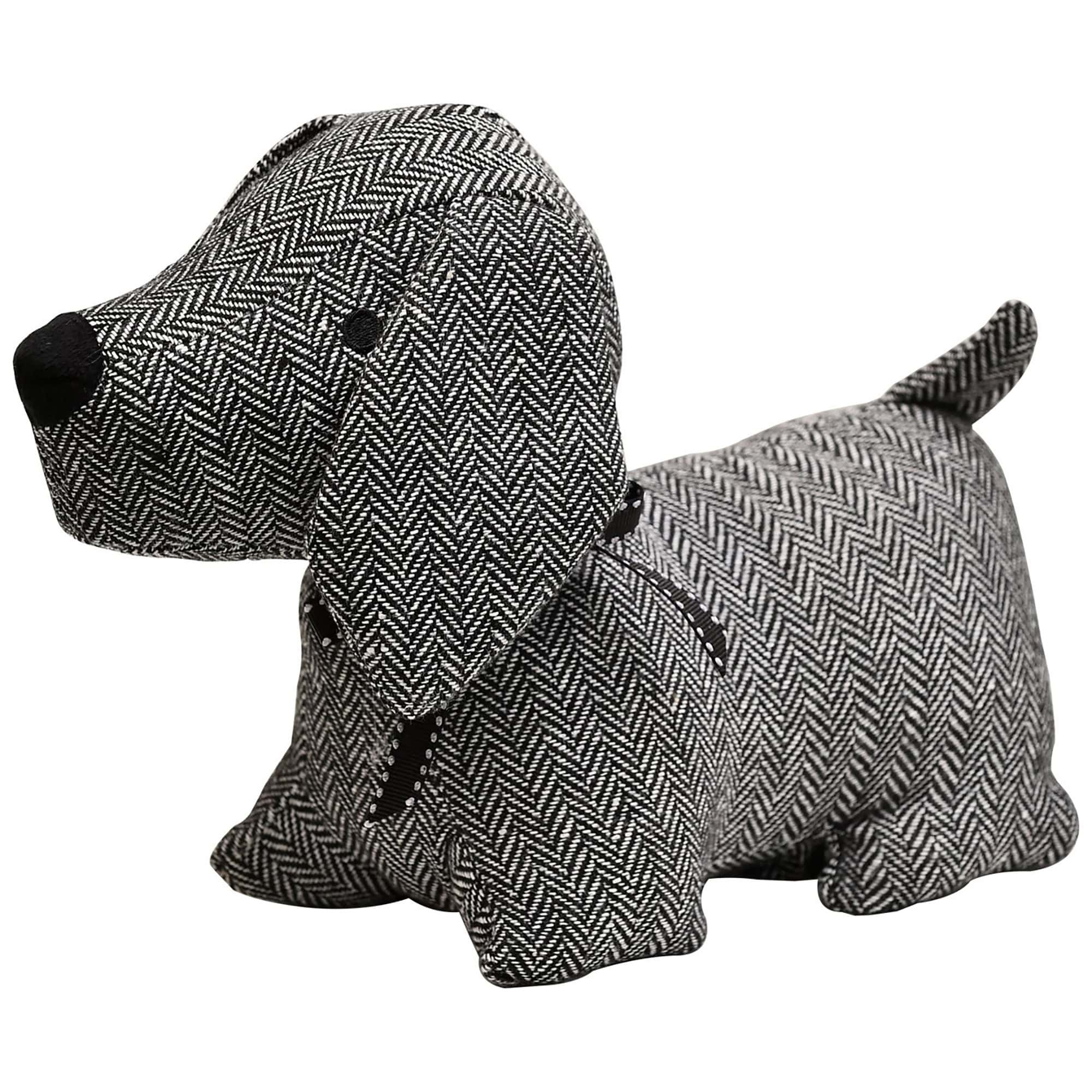 Charcoal weighted dog door stopper, black and white herringbone tweed, standing long-body dog shape with long floppy ears, embroidered black eyes, black nose, ribbon collar bow, and upright tail. White background.