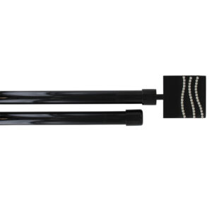 Black double curtain rod set with sparkly square finials, shown telescoped on a white background