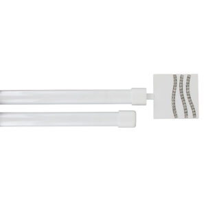 White double curtain rod set with sparkly square finials, shown telescoped on a white background