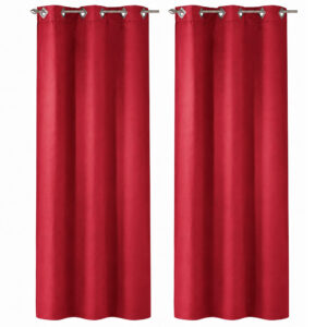Set of 2 ruby red faux suede curtain panels with diamond shaped metal grommets, 55 x 95 inches each
