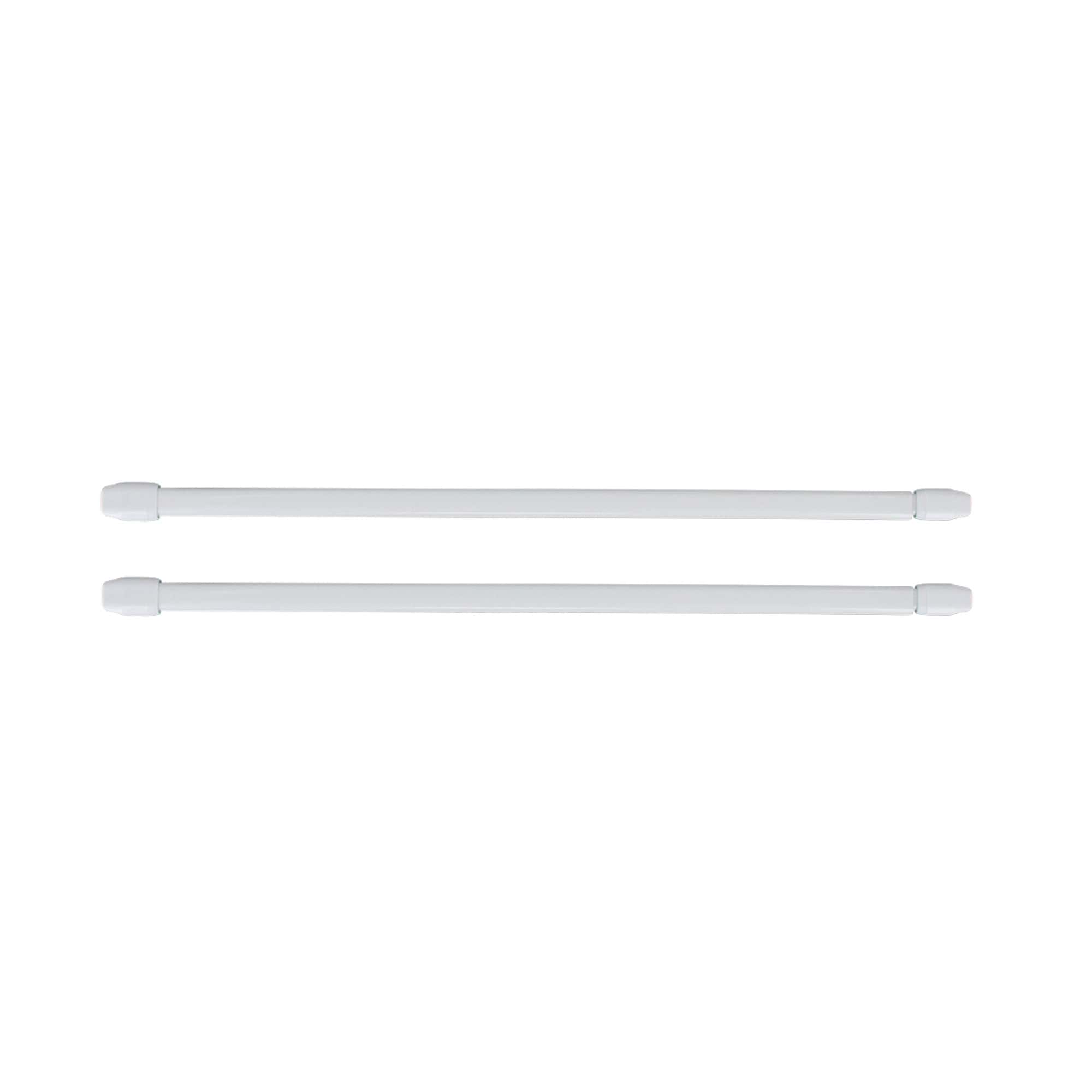Set of two white adjustable cafe curtain rods shown side by side on a plain white background, each with rounded end caps for small kitchen and bathroom windows.