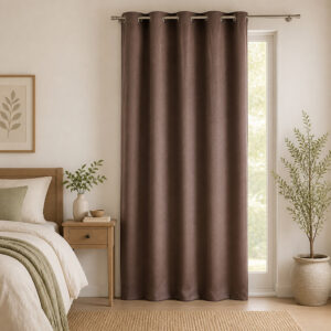 Mocha brown cotton curtain panel hanging at a bedroom window, light filtering