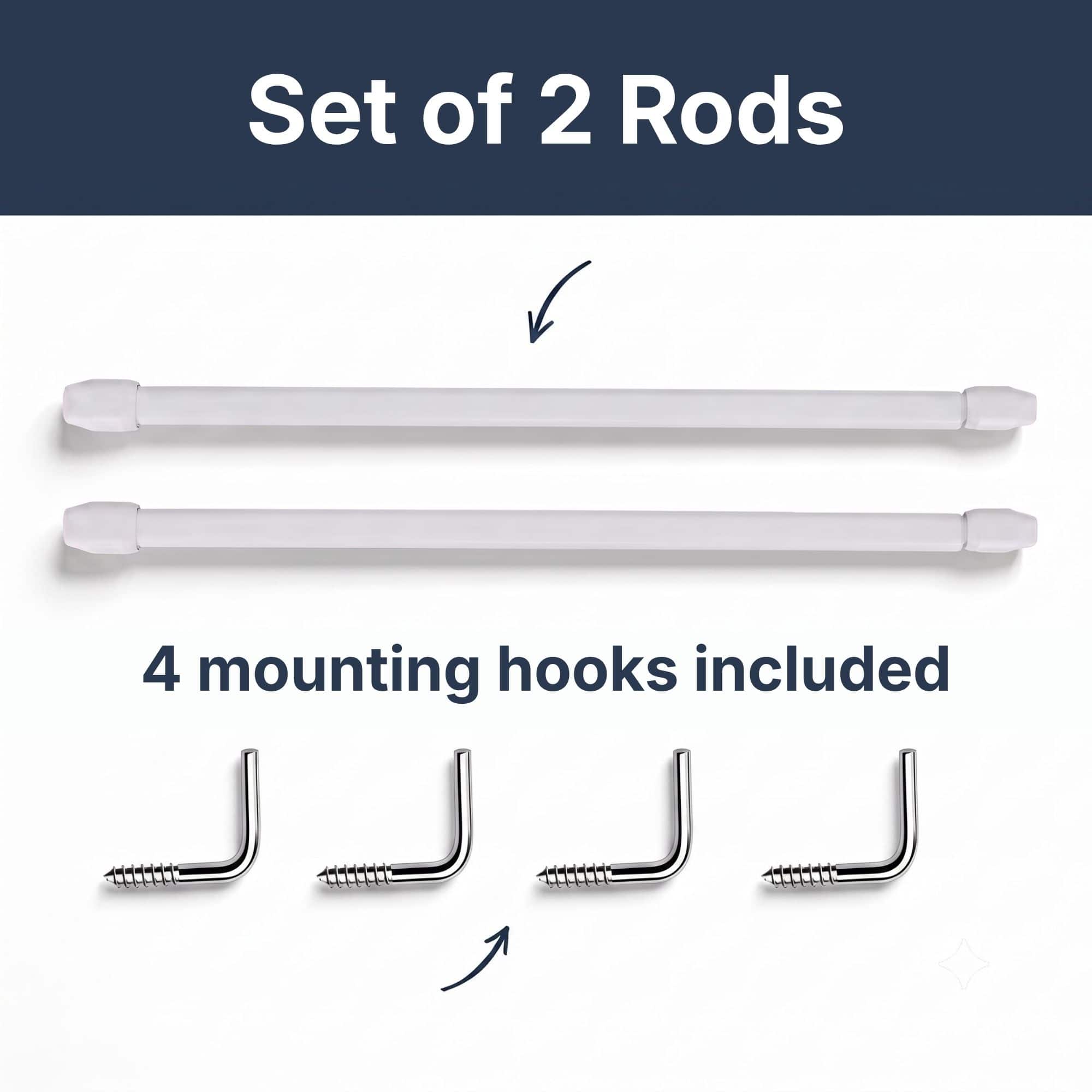 Two white cafe curtain rods with four chrome screw in L hooks included, illustrating the complete set of two rods and four mounting hooks in the package.