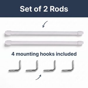 Two white cafe curtain rods with four chrome screw in L hooks included, illustrating the complete set of two rods and four mounting hooks in the package.