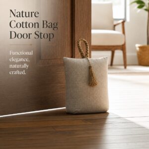Natural fabric bag door stopper propping open a dark wood door, armchair and basket in the background. On-image text: "Nature Cotton Bag Door Stop," "Functional elegance, naturally crafted."