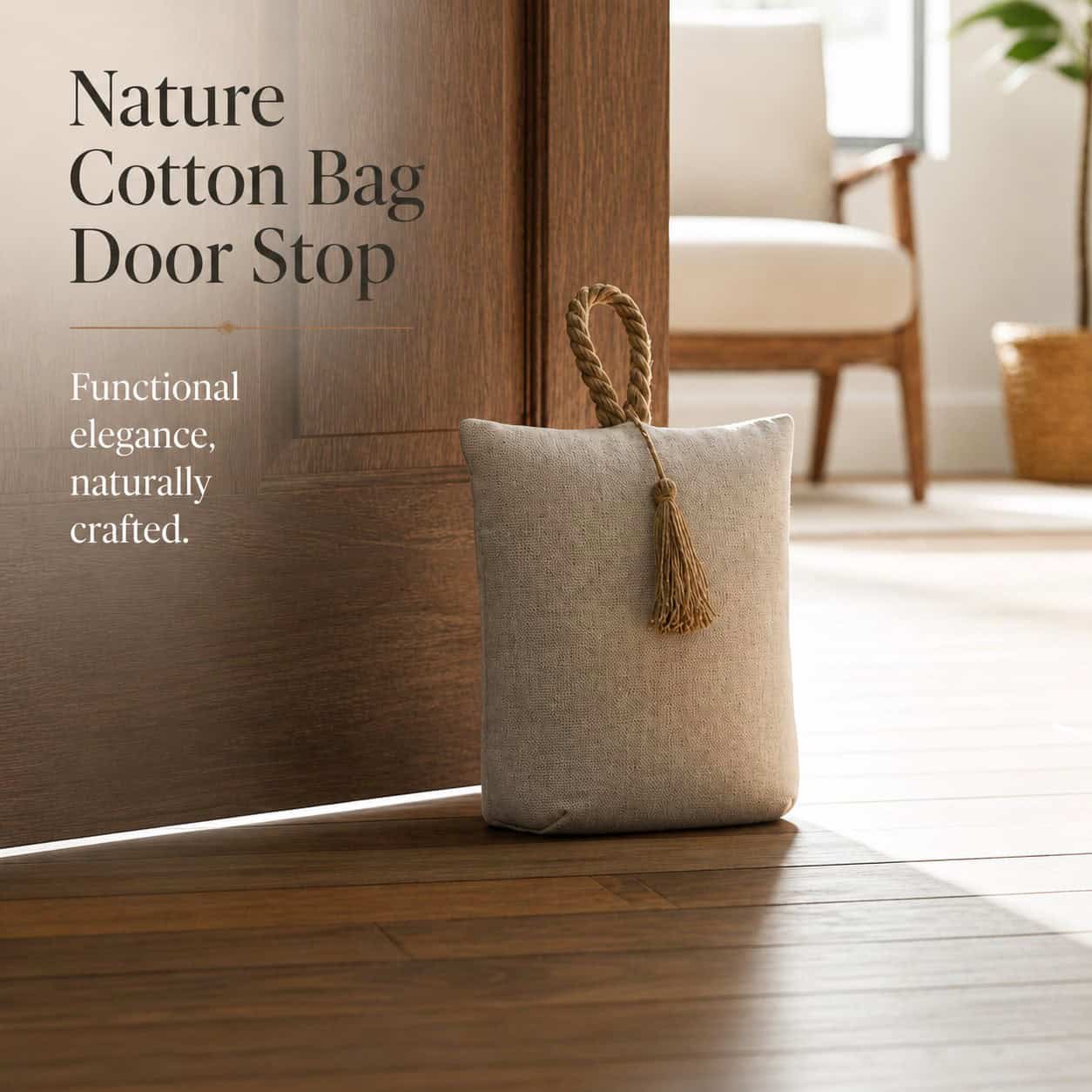 Natural fabric bag door stopper propping open a dark wood door, armchair and basket in the background. On-image text: "Nature Cotton Bag Door Stop," "Functional elegance, naturally crafted."