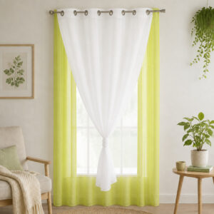 Lime green and white sheer window curtain hanging at a living room window, 95 inches long