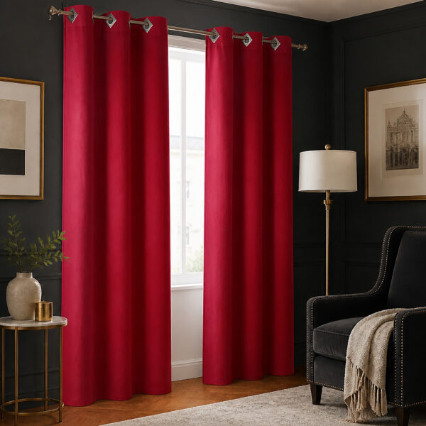 Pair of ruby red suede curtain panels hanging at a living room window in soft vertical folds