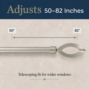 Evideco curtain rod infographic "Adjusts 50-82 Inches", telescoping fit for wider windows, silver finish