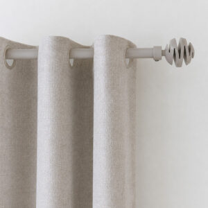 Taupe 3/4 inch curtain rod with spiral ball finial holding grommet curtain panels