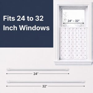 Adjustable white cafe rod extending from twenty four to thirty two inches, shown fitting a small window with a polka dot tier curtain and a labeled size diagram.
