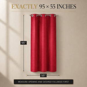 Size chart for the 55 by 95 inch ruby red suede curtain panel showing width and length measurements