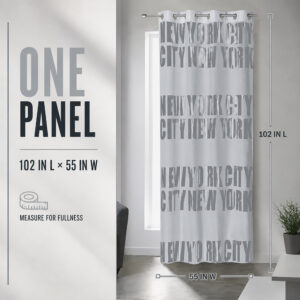 Single light gray New York City curtain panel with size guide showing 102 inch length and 55 inch width
