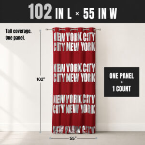 Single red New York City curtain panel with size chart showing 102 inch length and 55 inch width
