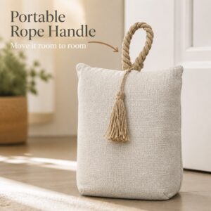 Natural fabric bag door stopper on the floor with an arrow pointing to its rope handle, potted plant behind. On-image text: "Portable Rope Handle," "Move it room to room."