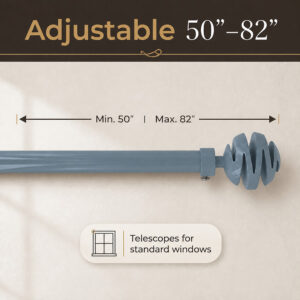 Telescoping blue gray curtain rod adjusting from 50 to 82 inches for standard windows