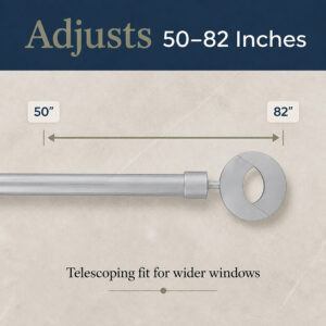 Telescoping grey curtain rod adjusts from 50 to 82 inches to fit wider windows