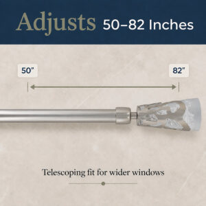 Telescoping silver curtain rod adjusting from 50 to 82 inches for standard windows