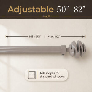 Telescoping taupe curtain rod adjusting from 50 to 82 inches for standard windows