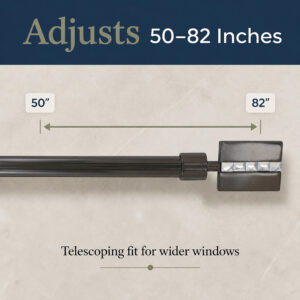 Infographic "Adjusts 50-82 Inches" with an arrow measuring the telescoping graphite curtain rod, "Telescoping fit for wider windows"