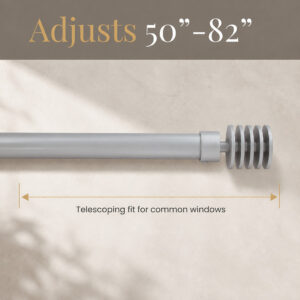 Telescoping grey curtain rod with callout showing the 50 to 82 inch adjustable width