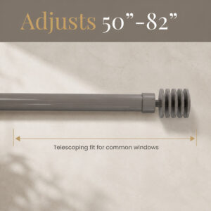 Telescoping taupe curtain rod with callout showing the 50 to 82 inch adjustable width