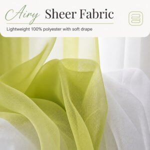 Close view of the airy voile fabric of the lime green and white window curtain panel