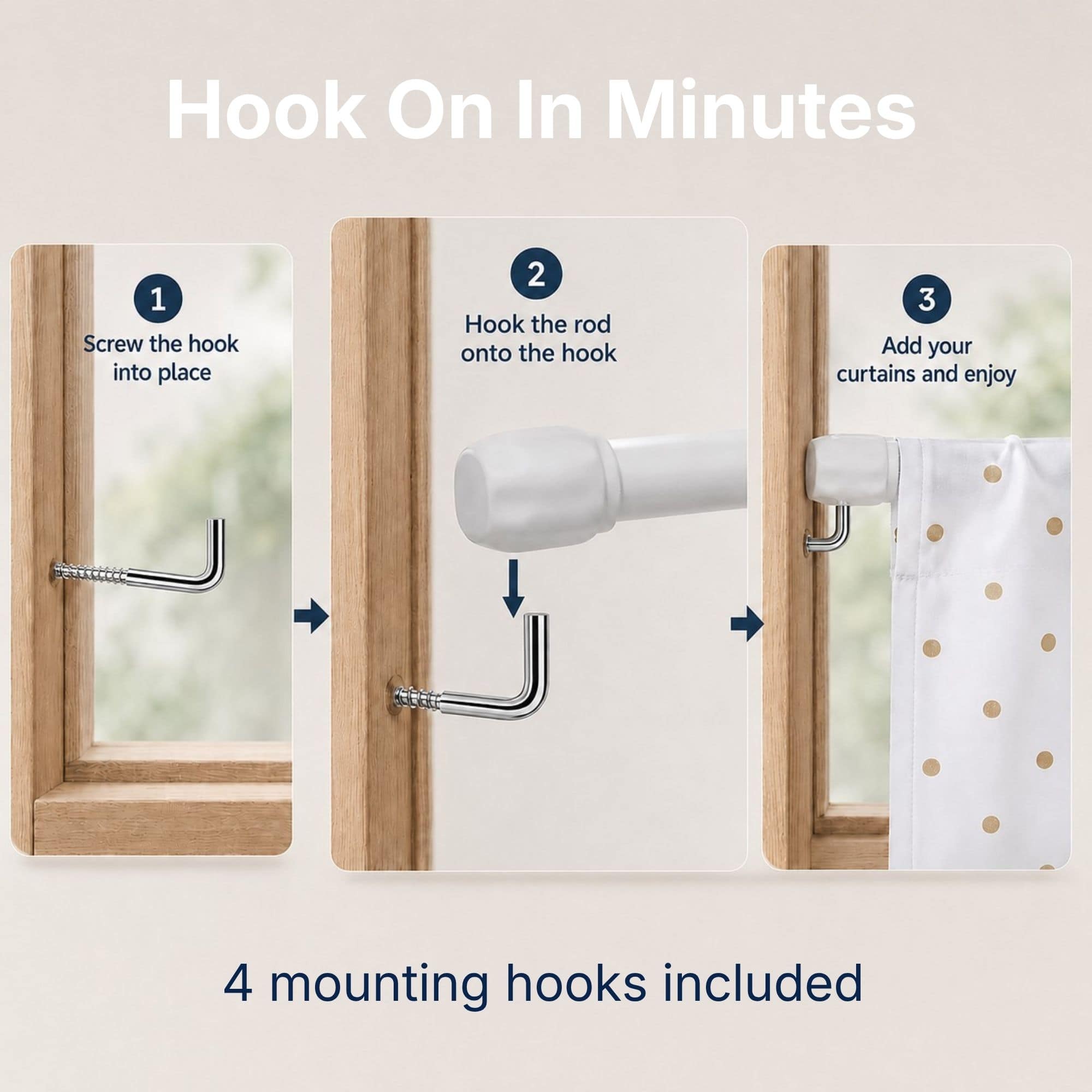 Three step installation guide showing how to screw the L hook into the window frame, hook the rod onto it, then hang light cafe curtains.