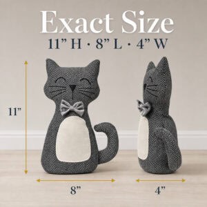 Charcoal cat door stopper shown in front and side profile views with measurement arrows. On-image text: "Exact Size," "11" H · 8" L · 4" W," with 11", 8", and 4" callouts.