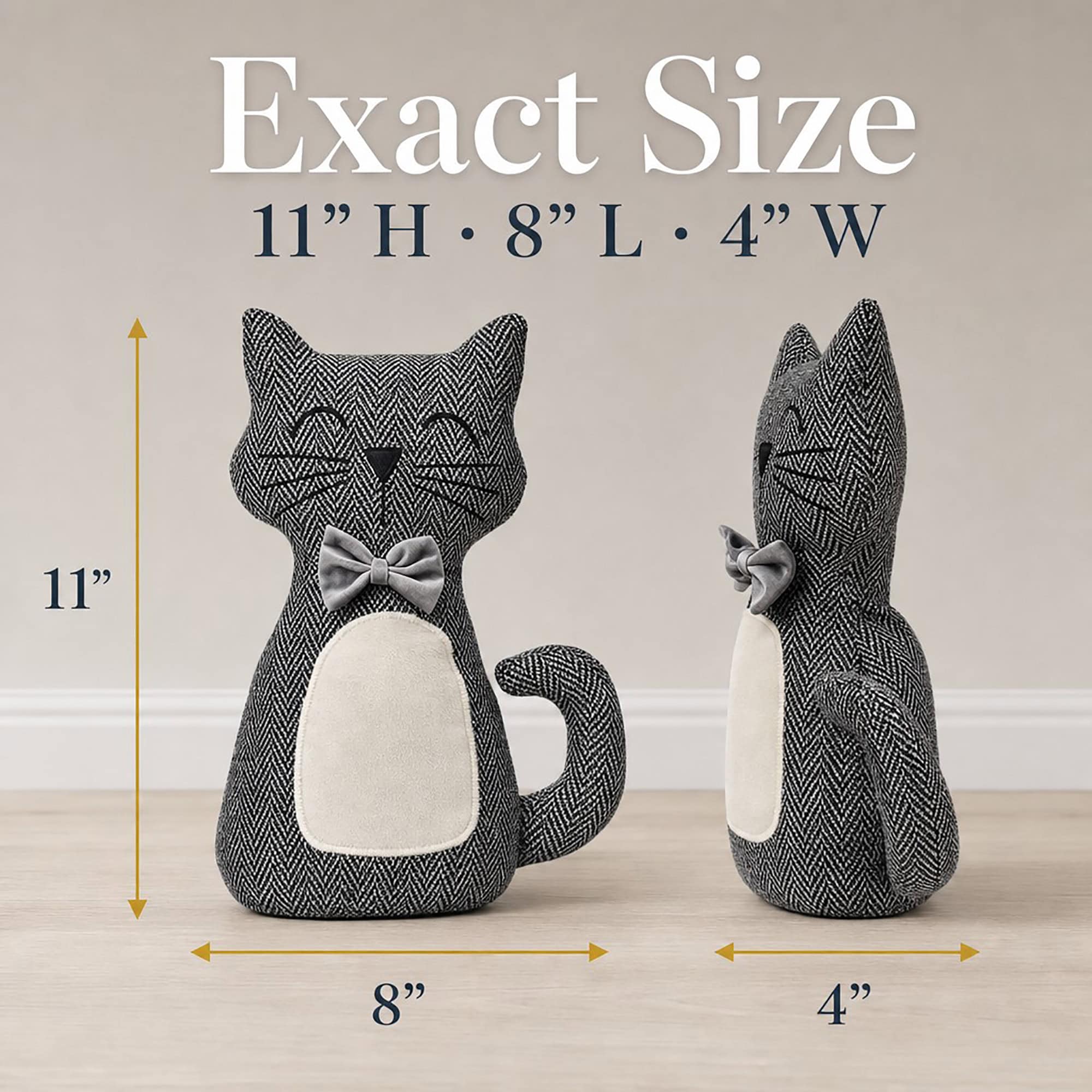 Charcoal cat door stopper shown in front and side profile views with measurement arrows. On-image text: "Exact Size," "11" H · 8" L · 4" W," with 11", 8", and 4" callouts.