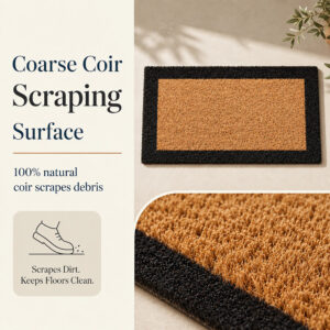 Close-up of coarse coconut coir fibers and black border on a sheltered entry mat