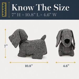 Charcoal dog door stopper shown in side and front views with measurement arrows. On-image text: "Know The Size," "7" H × 10.8" L × 4.6" W," with 7", 10.8", and 4.6" callouts.