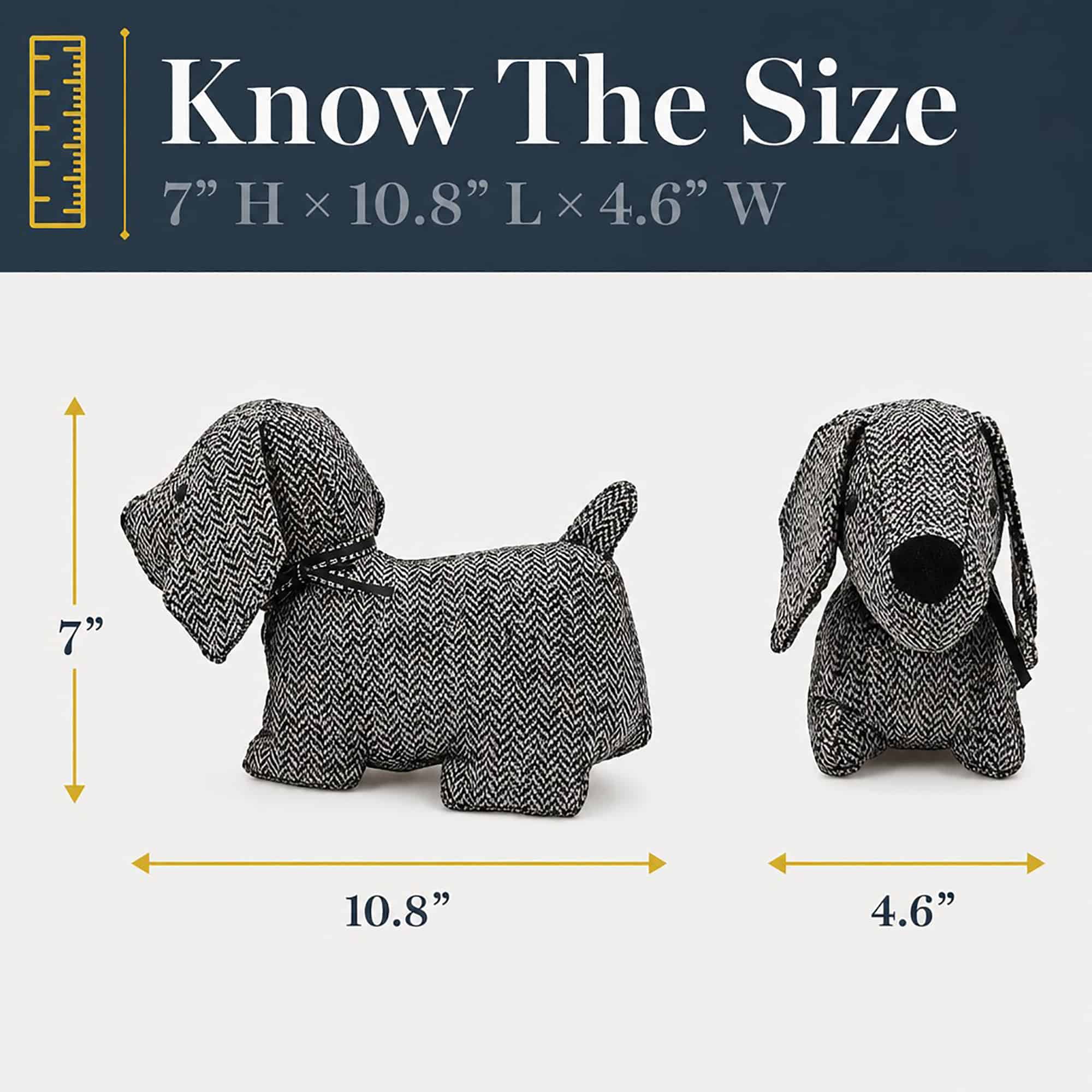 Charcoal dog door stopper shown in side and front views with measurement arrows. On-image text: "Know The Size," "7" H × 10.8" L × 4.6" W," with 7", 10.8", and 4.6" callouts.