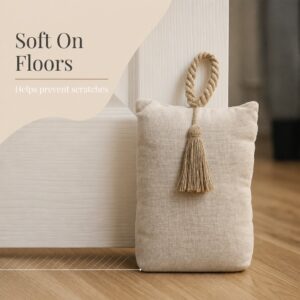 Natural fabric bag door stopper against a white door on hardwood floor, with a dashed line at its base. On-image text: "Soft On Floors," "Helps prevent scratches."