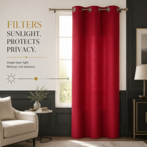 Ruby red suede curtain filtering daylight at a bedroom window while screening the view outside