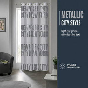 Light gray curtain with reflective silver New York City letters hanging in a living room
