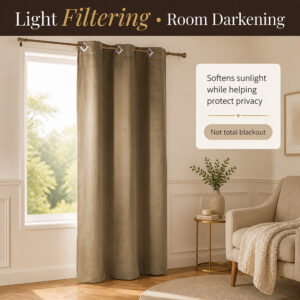 Sand suede curtain filtering daylight at a bedroom window while screening the view outside