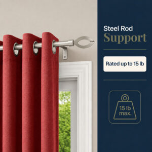 Curtain rod infographic "Steel Rod Support, Rated up to 15 lb", with red grommet curtain panel, silver finish