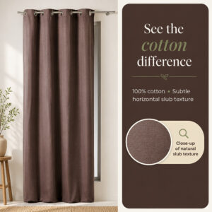 Close-up of the 100% cotton slub texture in mocha brown