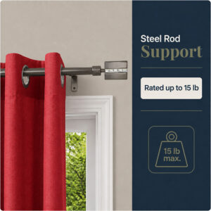 Red grommet curtains on a graphite steel rod with the callout "Steel Rod Support, Rated up to 15 lb"