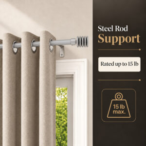 Grey steel curtain rod holding a lined ivory drapery panel, wall support rated to 15 lb