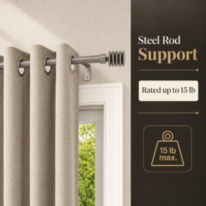 Taupe steel curtain rod holding a lined ivory drapery panel, wall support rated to 15 lb per rod
