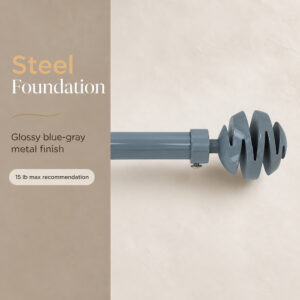 Glossy blue gray steel curtain rod with spiral ball finial rated for 15 pounds