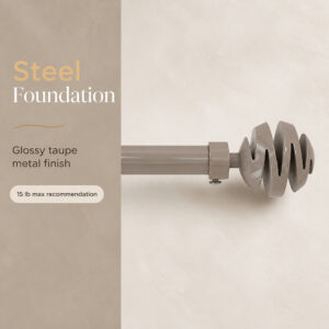 Glossy taupe steel curtain rod with spiral finial rated for 15 pounds