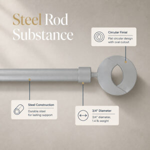 Grey steel curtain rod, 3/4 inch diameter, 1.4 lb, with flat circular finial detail