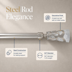 Silver steel curtain rod, 3/4 inch diameter, with frosted leaf finial detail
