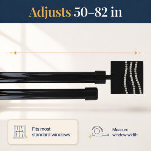 Infographic "Adjusts 50-82 in", black double curtain rod telescoped, with fits most standard windows and measure window width notes